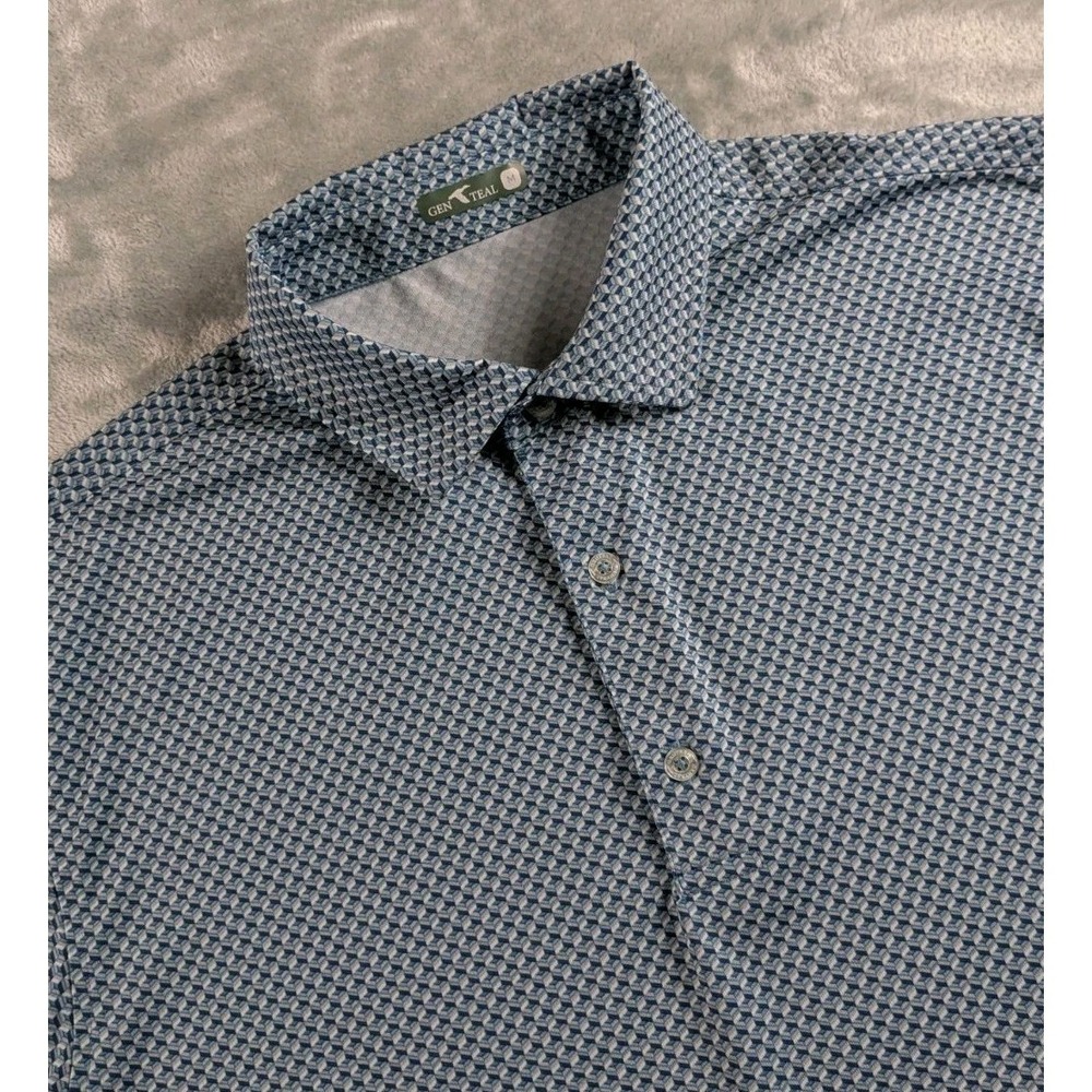 Genteal Polo Shirt Mens Medium Blue Geometric Golf Performance Stretch READ